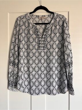 LOFT Navy, Light Blue and White Printed Long Sleeve Tunic Blouse